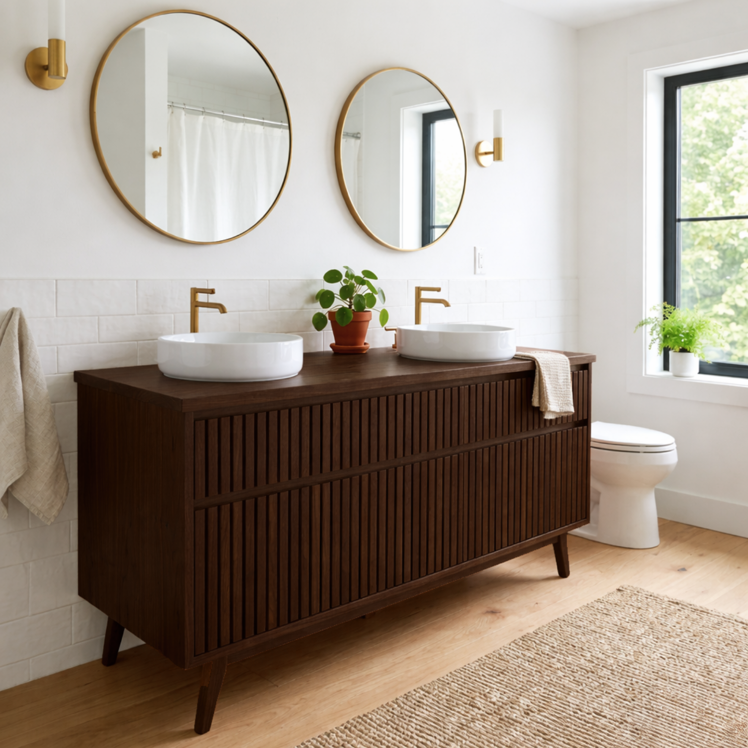 Solid Wood Double Bathroom Vanity Fluted Panel Mid-Century Freestanding Cabinet