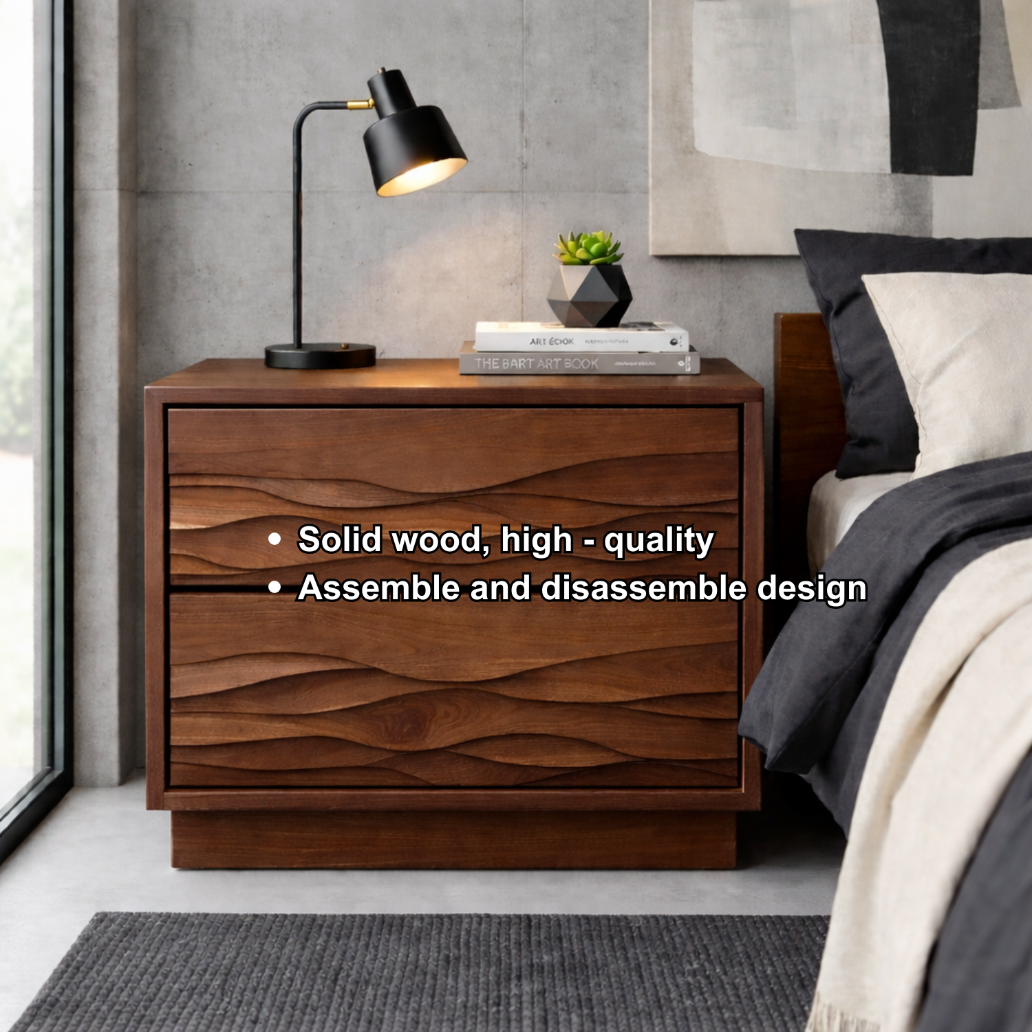 Solid Wood Nightstand with Wave Carved Drawers – Modern Rustic Bedside Table with Storage Kitchnce
