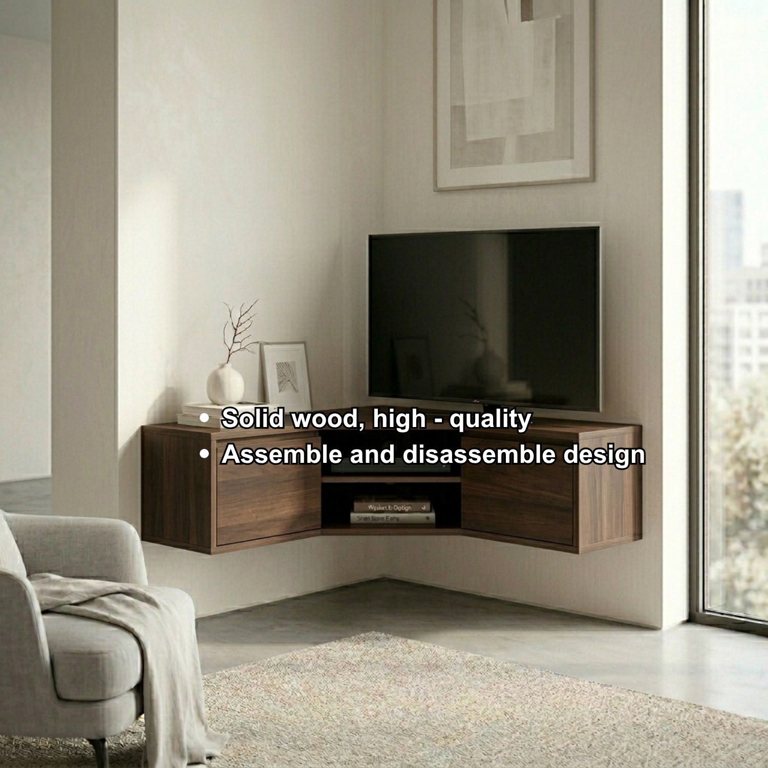 Floating Solid Wood Corner TV Stand with Cabinet Storage and Open Media Shelf