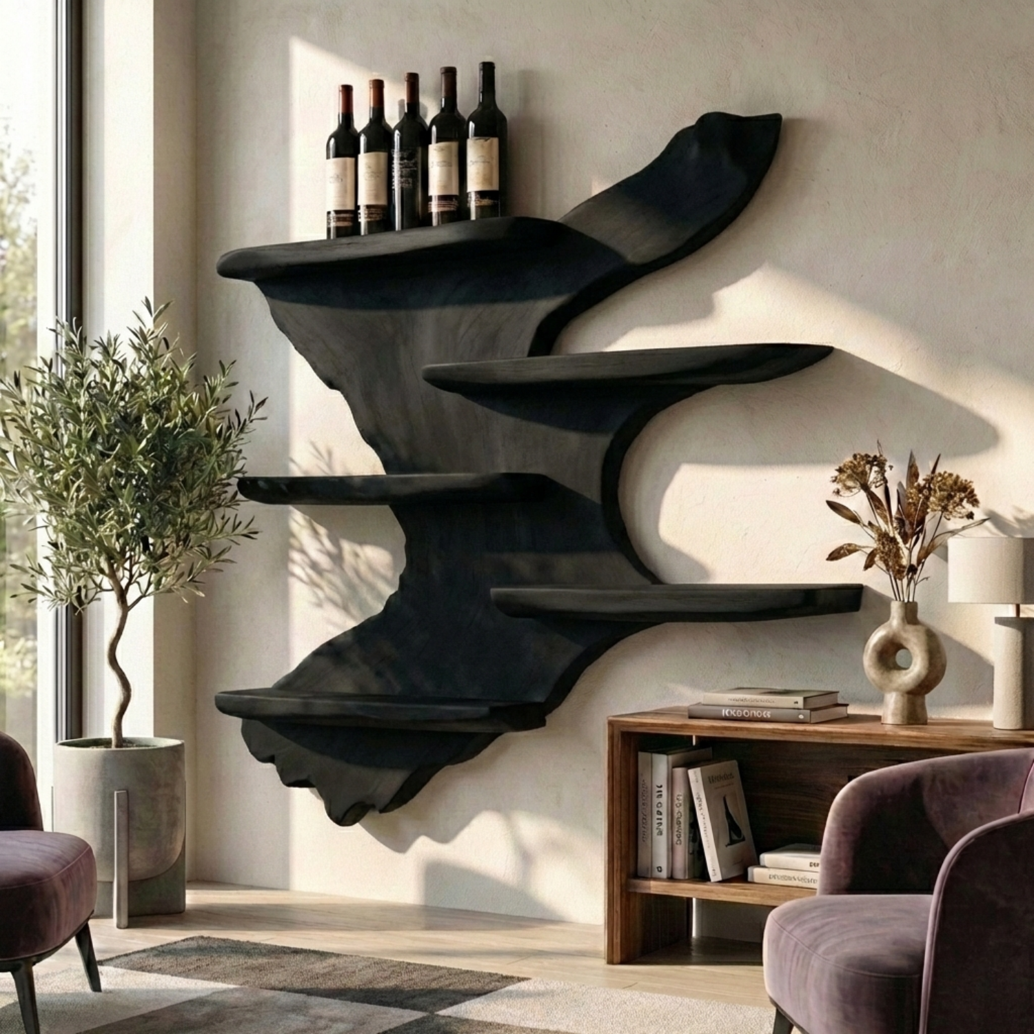 Handcrafted Solid Wood Wall Wine Holder – Sculptural Floating Wine Rack