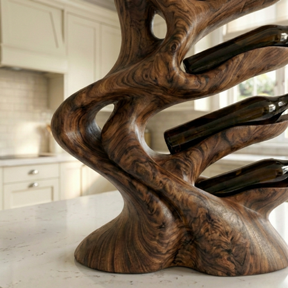 Handcrafted Solid Wood Wine Holder – Modern Sculptural Countertop Wine Rack