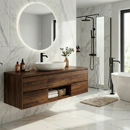 Modern Floating Solid Wood Bathroom Vanity with Drawers and Open Shelf