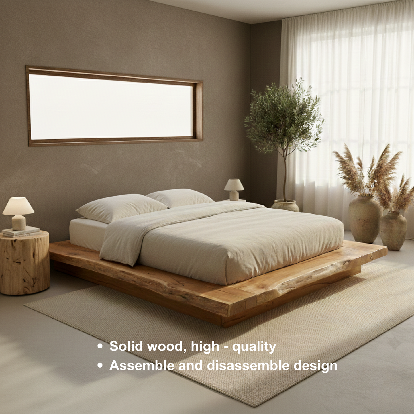 Handcrafted Solid Wood Live-Edge Platform Bed for Modern Natural Bedrooms Kitchnce