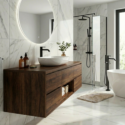 Modern Floating Solid Wood Bathroom Vanity with Drawers and Open Shelf