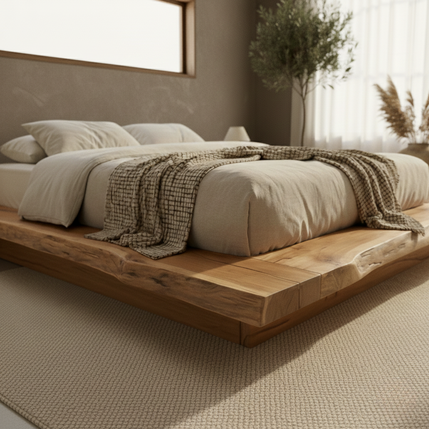 Handcrafted Solid Wood Live-Edge Platform Bed for Modern Natural Bedrooms Kitchnce