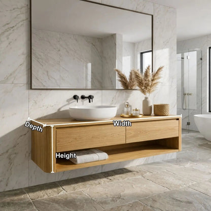 Floating Bathroom Vanity with Two Drawers and Open Shelf Storage Design Kitchnce