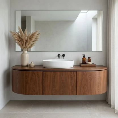 Curved Edge Floating Bathroom Vanity with Rounded Side Cabinets and Hidden Storage Kitchnce
