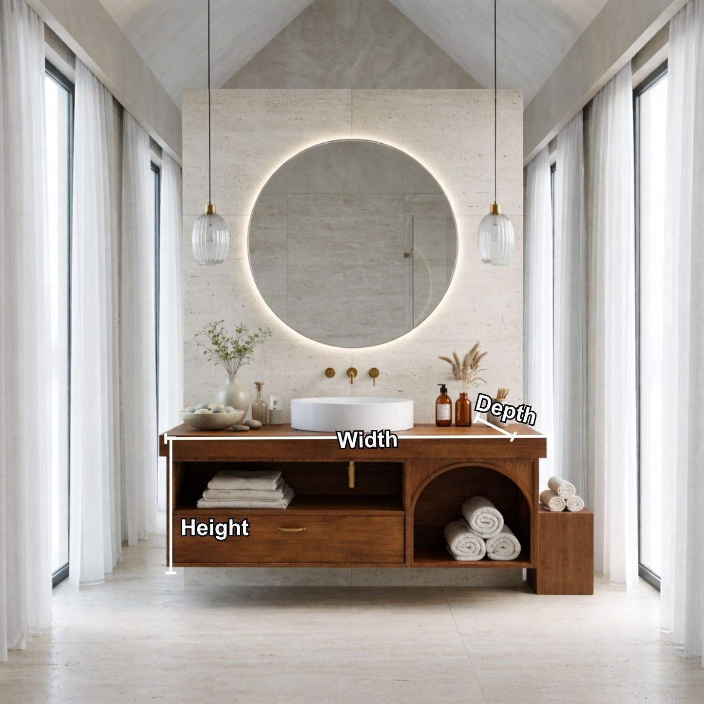 Floating Bathroom Vanity with Open Shelf & Arch Towel Niche – Modern Solid Wood Kitchnce