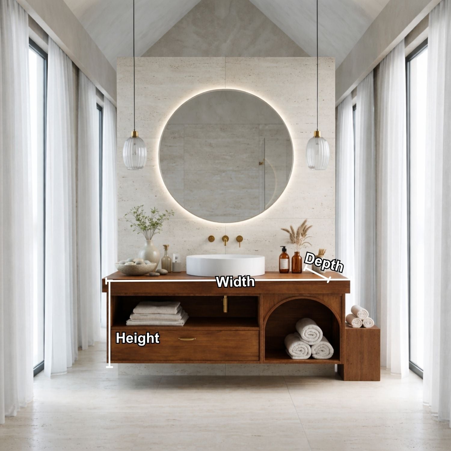Floating Bathroom Vanity with Open Shelf & Arch Towel Niche – Modern Solid Wood Kitchnce