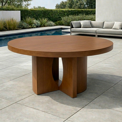 Round Solid Wood Outdoor Dining Table with Sculptural Dual Pedestal Base
