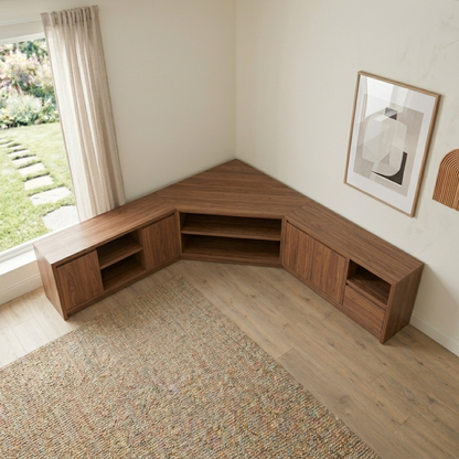 Modular Solid Wood Corner TV Stand with Storage Cabinets and Open Media Shelves