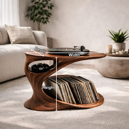 Solid Wood Record Player Stand with Sculptural Curved Base and Vinyl Storage Shelf Kitchnce