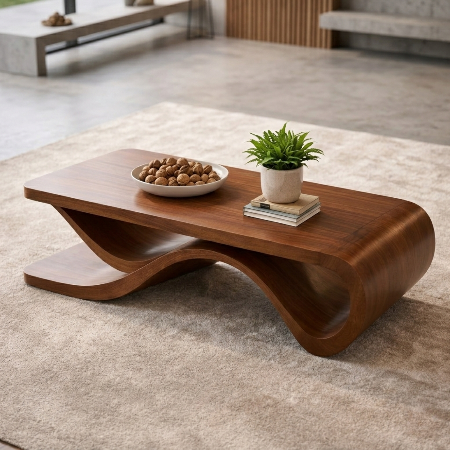 Solid Wood Coffee Table with Wave Sculptural Base – Modern Designer Living Room Table Kitchnce