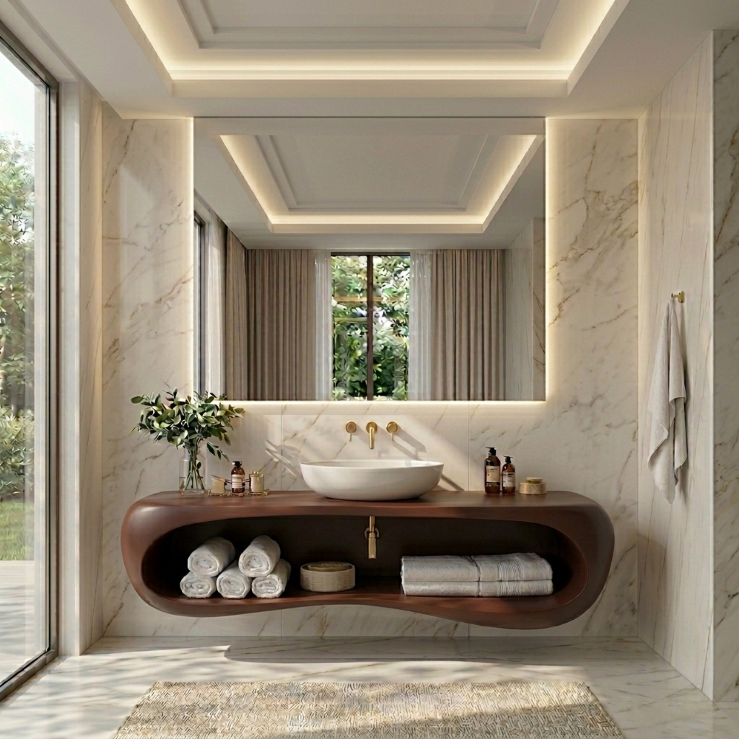 Solid Wood Floating Bathroom Vanity with Curved Open Shelf – Modern Wall Mounted Vanity Kitchnce