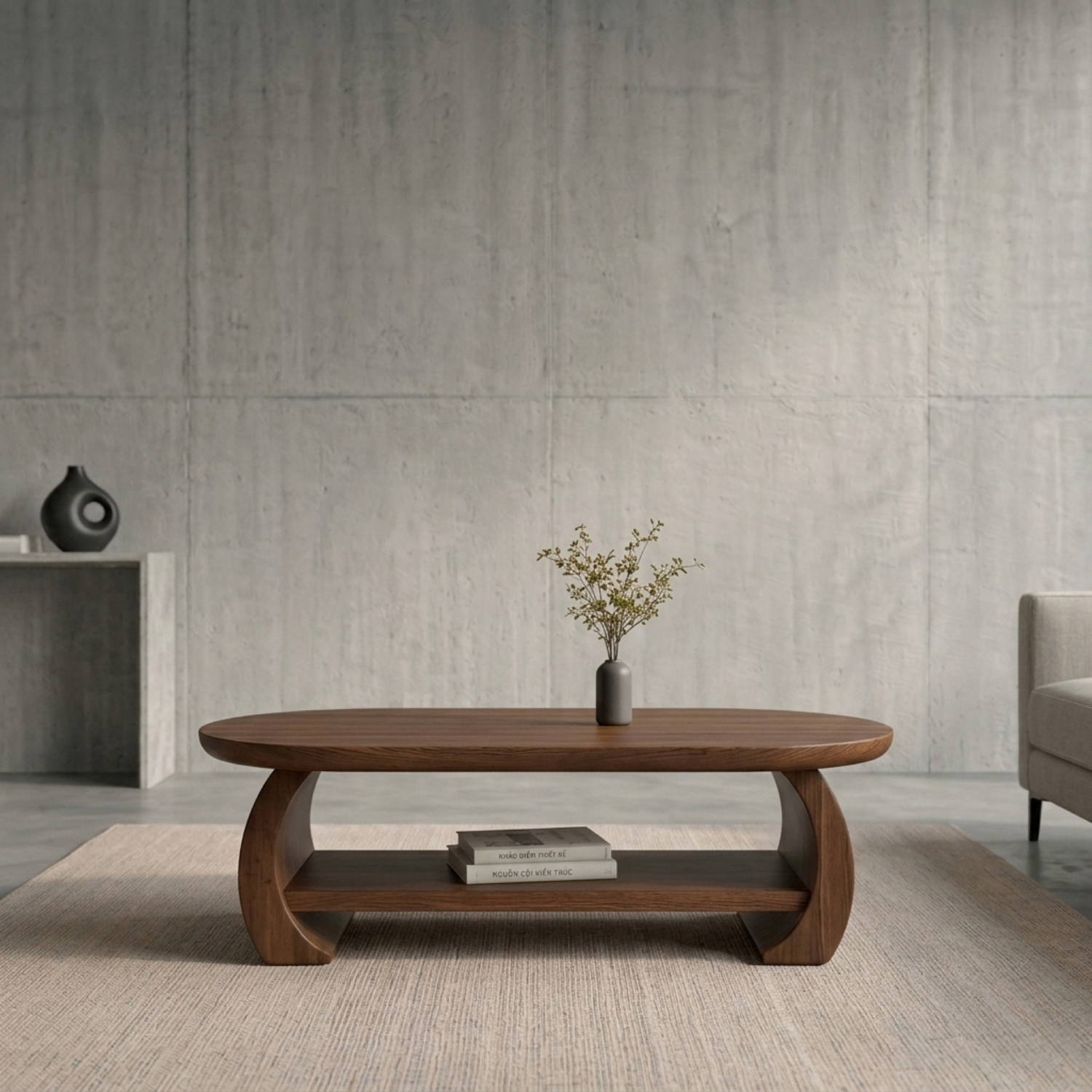 Solid Wood Oval Coffee Table with Shelf – Modern Minimalist Living Room Table