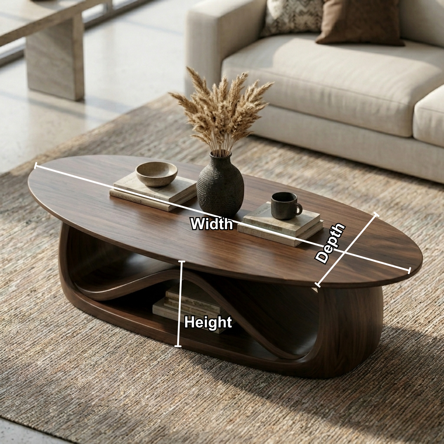 Solid Wood Coffee Table with Sculptural Base – Modern Minimalist Living Room Table