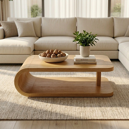 Modern Solid Wood Coffee Table with Curved Base and Storage Shelf for Living Room Kitchnce