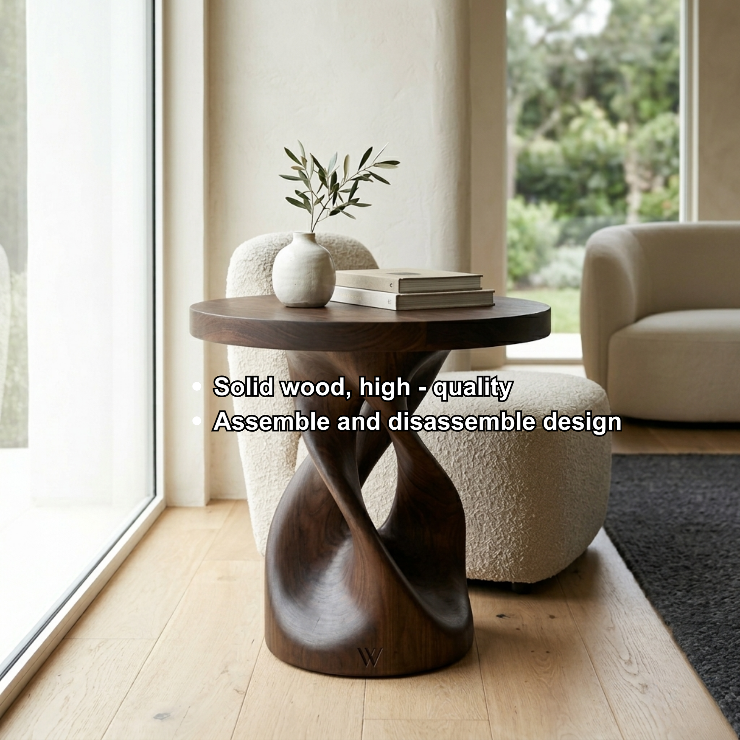 Solid Wood Sculptural Side Table – Modern Round Accent Table with Artistic Base Kitchnce