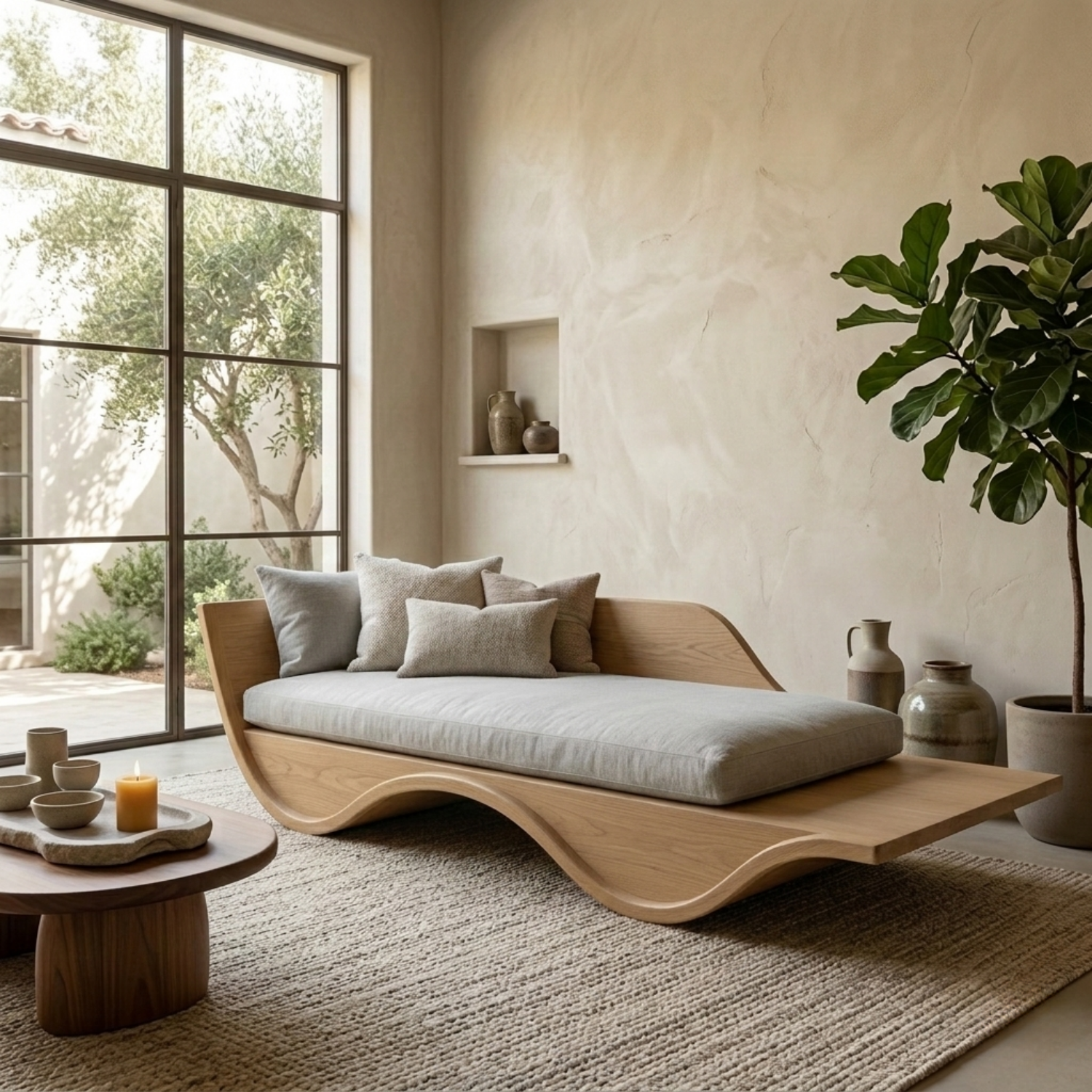 Solid Wood Curved Daybed Frame – Modern Minimalist Wave Design Lounge Bed Kitchnce