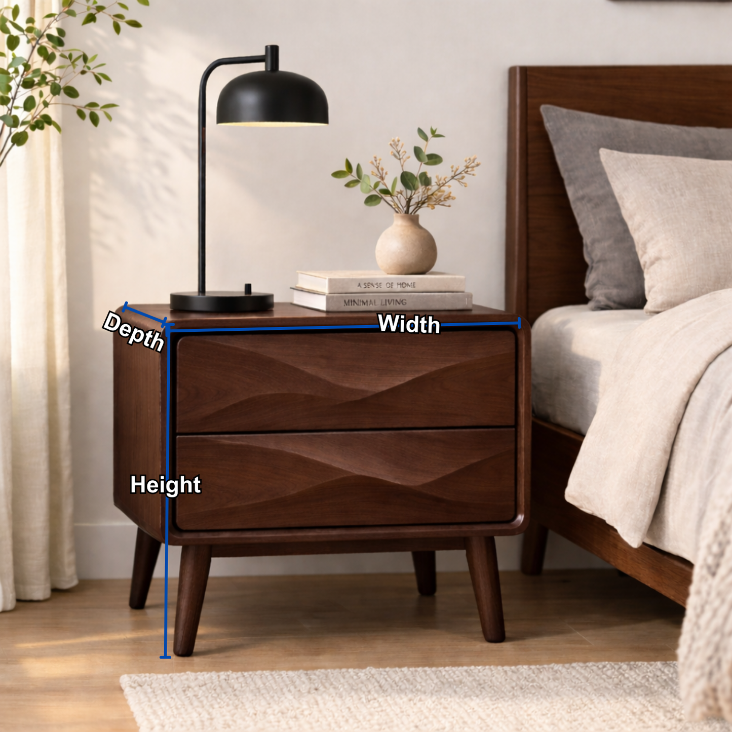 Mid-Century Solid Wood Nightstand with Wave Carved Drawers – Modern Bedside Table Kitchnce