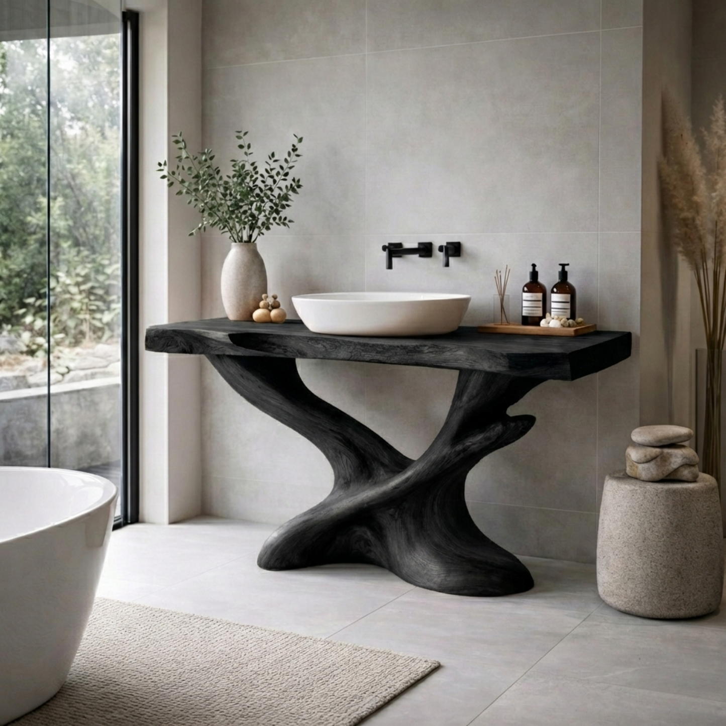 Handcrafted Solid Wood Bathroom Vanity – Sculptural Modern Pedestal Sink Table