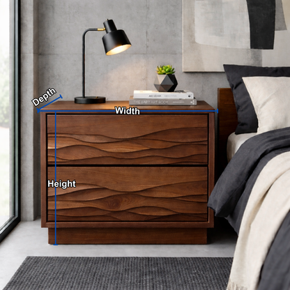 Solid Wood Nightstand with Wave Carved Drawers – Modern Rustic Bedside Table with Storage Kitchnce
