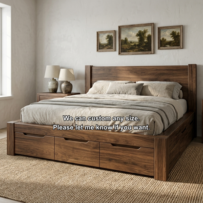 Solid Wood Platform Bed Frame with Underbed Storage Drawers and Panel Headboard