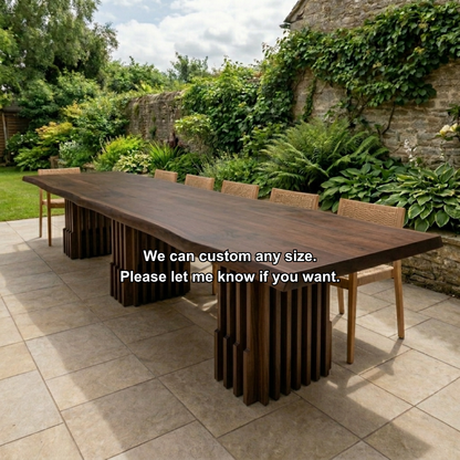 Solid Wood Outdoor Dining Table Live Edge Top with Fluted Multi-Pedestal Base