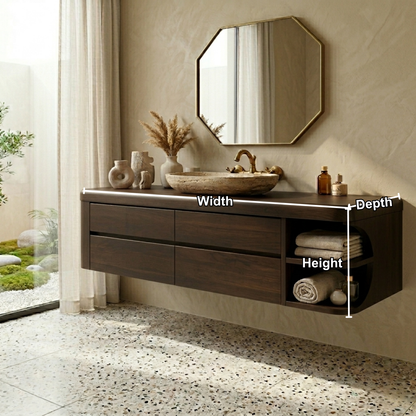 Floating Solid Wood Bathroom Vanity with Four Drawers and Rounded Side Open Shelf
