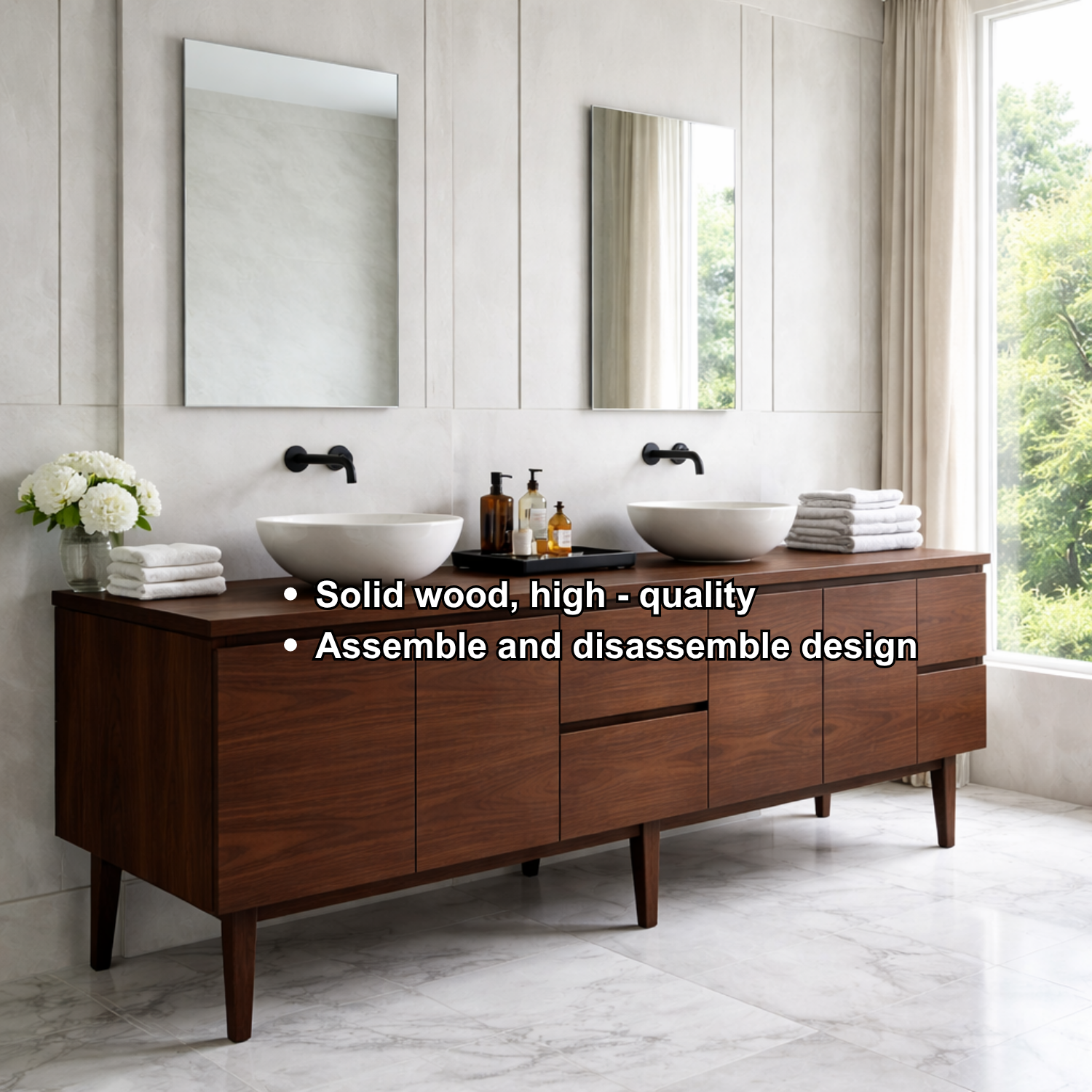 Handcrafted Mid-Century Modern Solid Wood Double Bathroom Vanity - Design Storage Cabinet