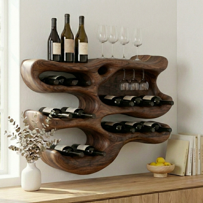 Handcrafted Solid Wood Wall Wine Holder – Sculptural Wine Rack with Glass Storage