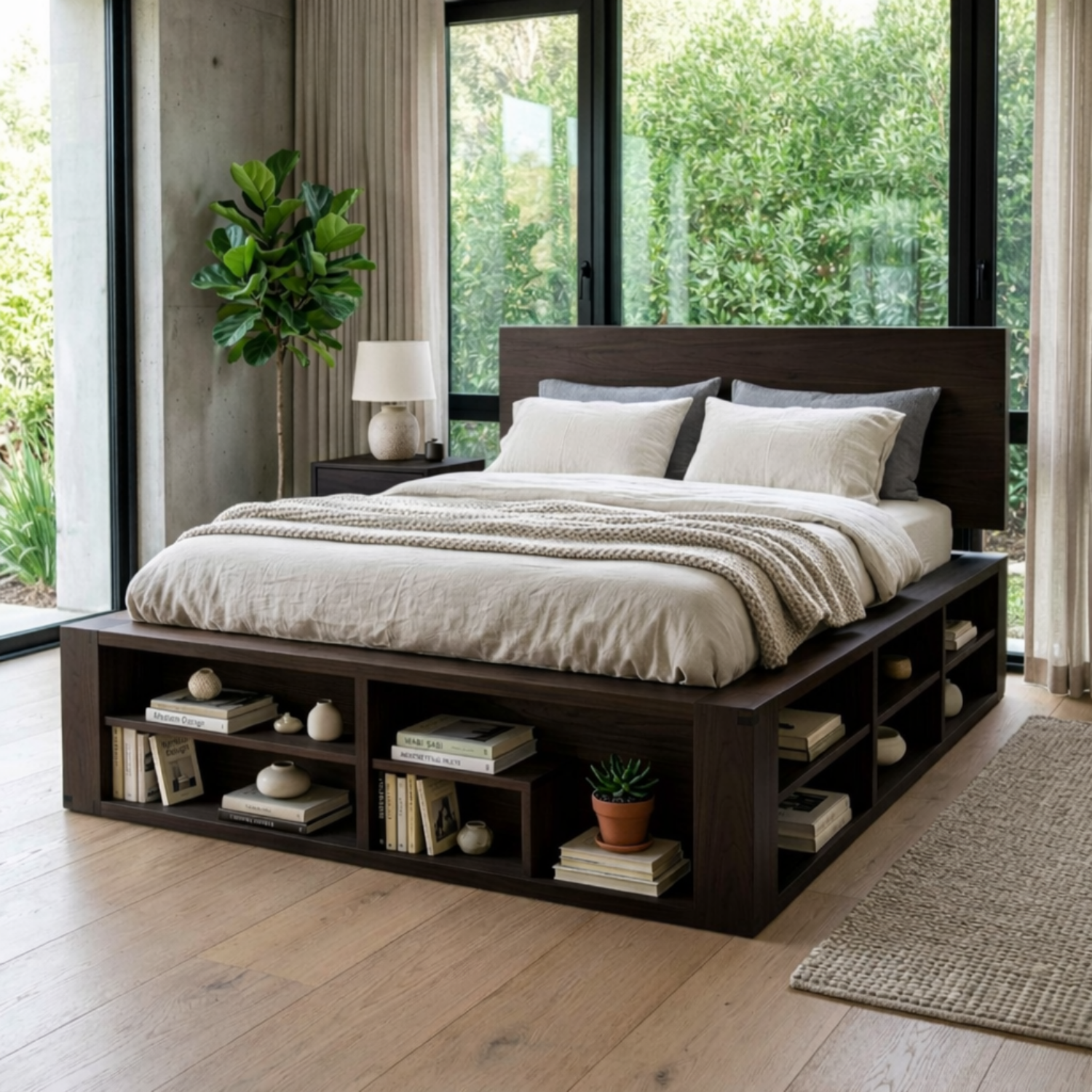 Solid Wood Platform Bed Frame with Built-In Open Shelf Storage Base