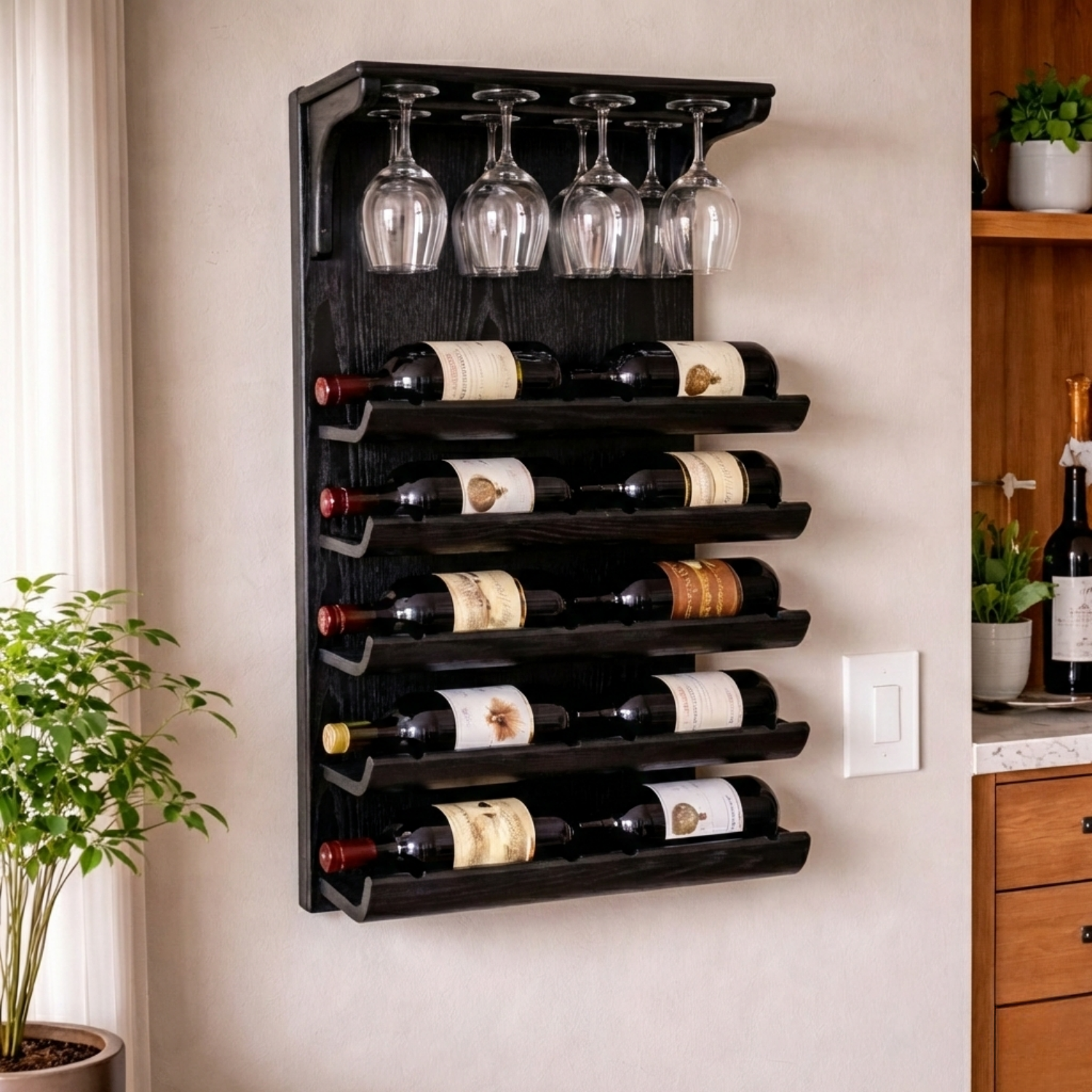 Solid Wood Wall Mounted Wine Rack with Glass Holder – Classic Home Bar Storage
