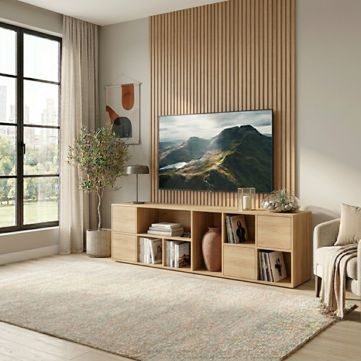 Solid Wood TV Stand with Open Shelves and Drawers – Modern Minimalist Media Console Kitchnce