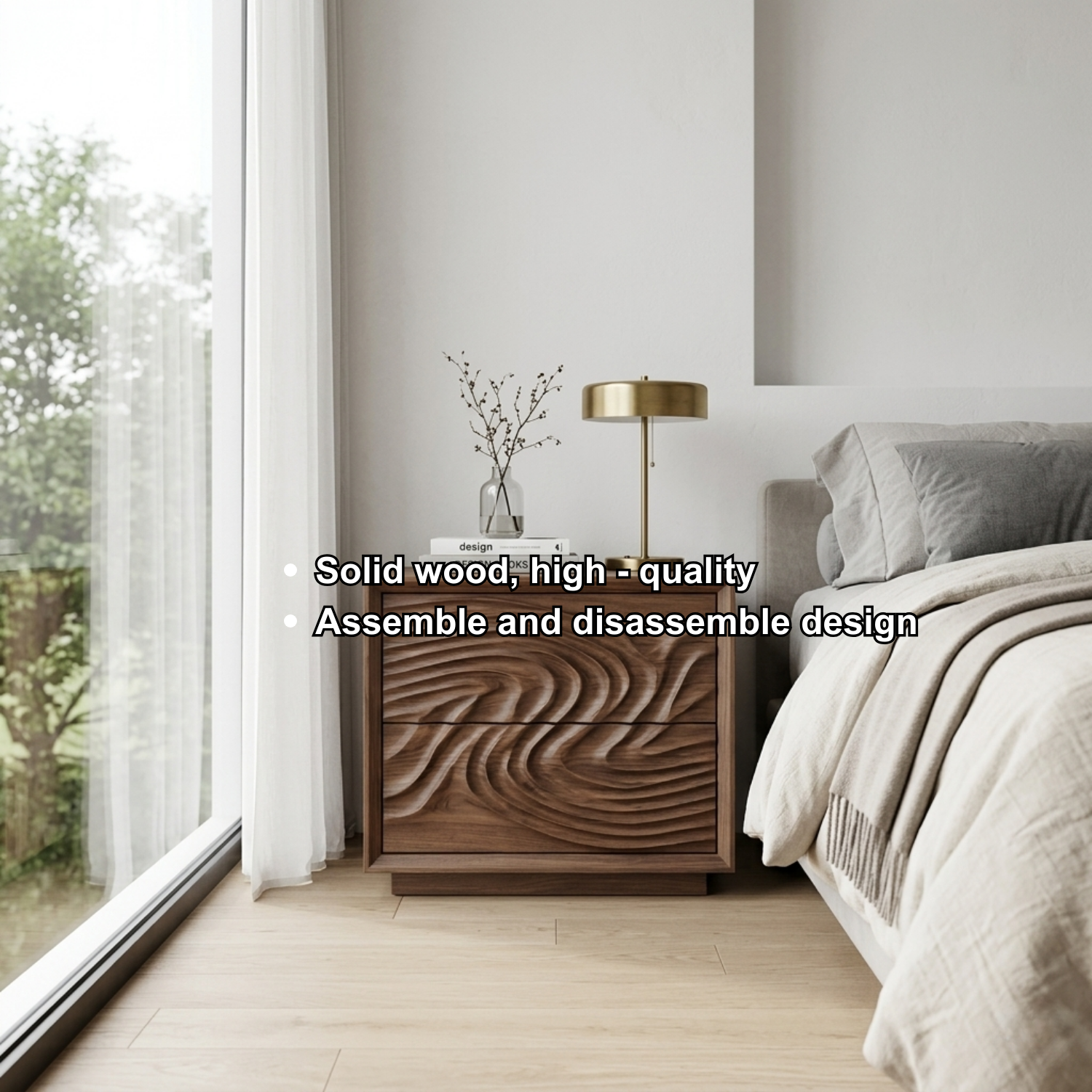 Solid Wood Nightstand with Sculpted Wave Drawers – Modern Carved Bedside Table Kitchnce