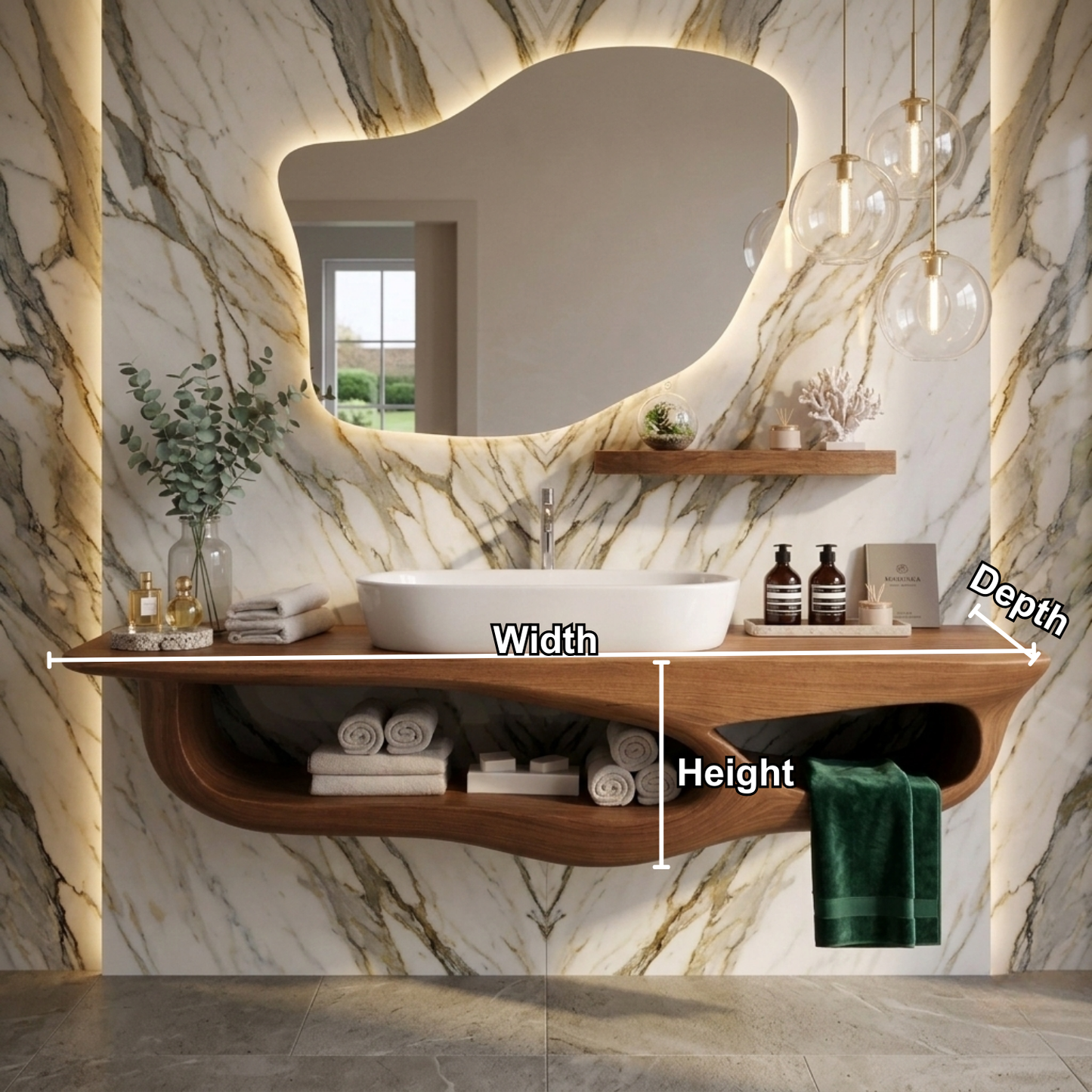 Solid Wood Floating Bathroom Vanity with Curved Shelf – Modern Wall Mounted Vanity Kitchnce
