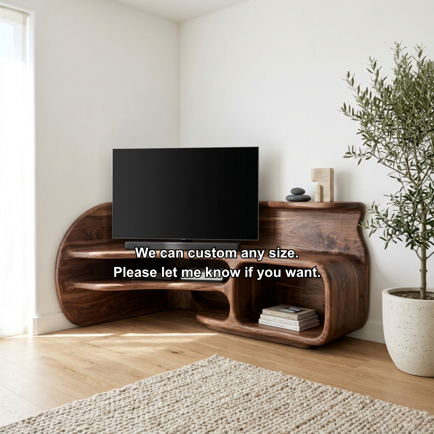 Sculptural Solid Wood Corner TV Stand with Organic Curves and Open Storage