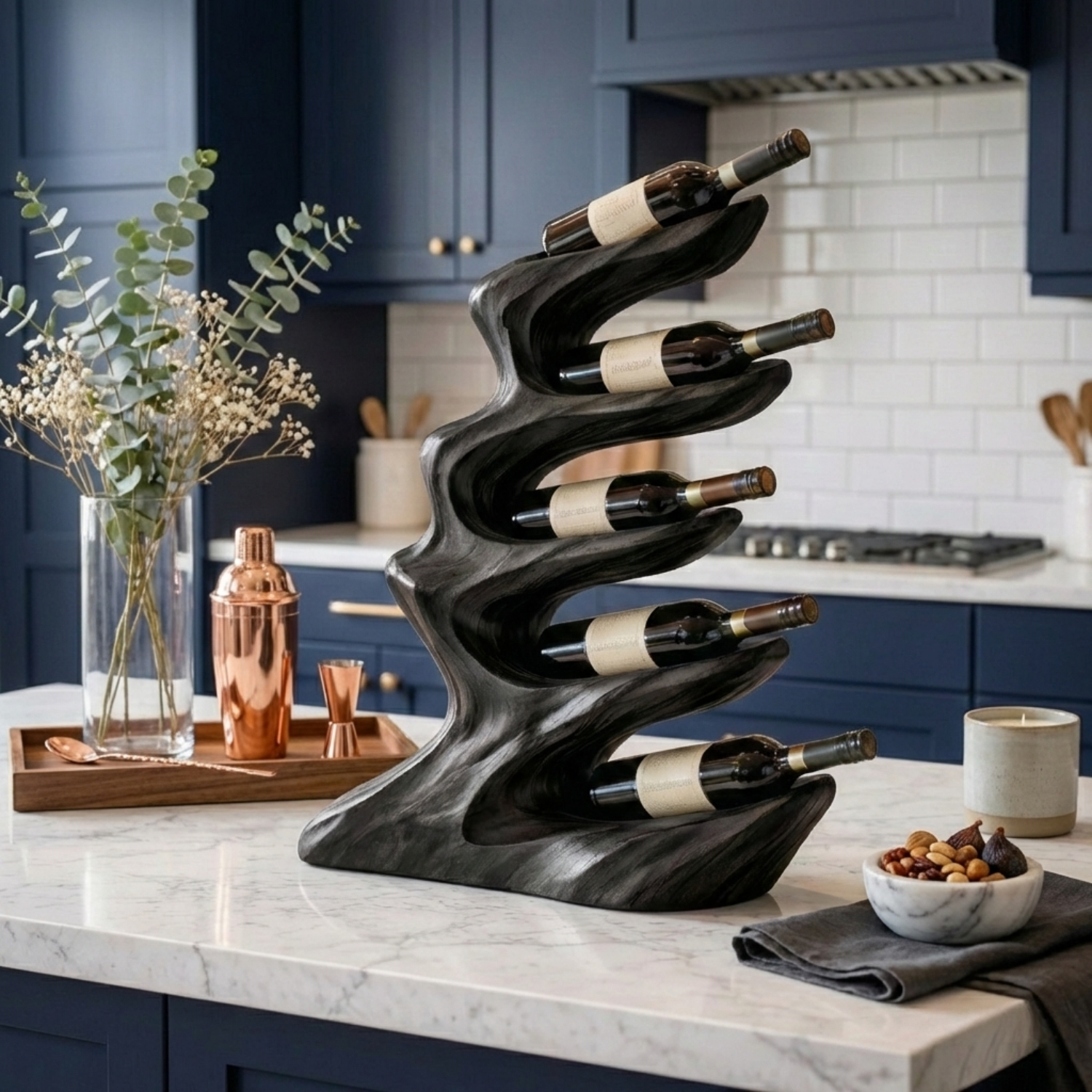 Handcrafted Solid Wood Wine Holder – Sculptural Wave Countertop Wine Rack