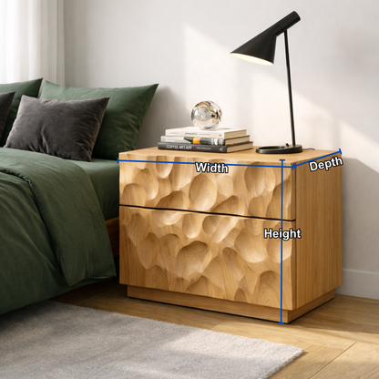 Solid Wood Nightstand with Hand-Carved Drawer Front – Modern Sculptural Bedside Table Kitchnce