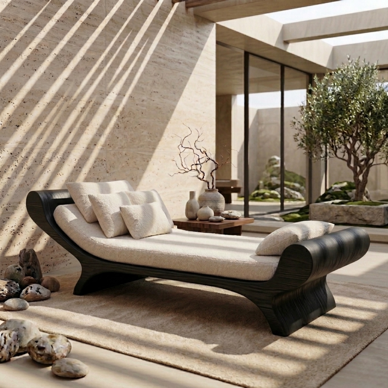 Solid Wood Daybed Frame with Sculptural Curved Design – Modern Minimalist Lounge Bed Kitchnce
