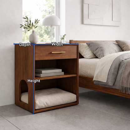 Solid Wood Bedside Table with Cat Sleeping Nook – Modern Nightstand with Drawer & Shelf Kitchnce