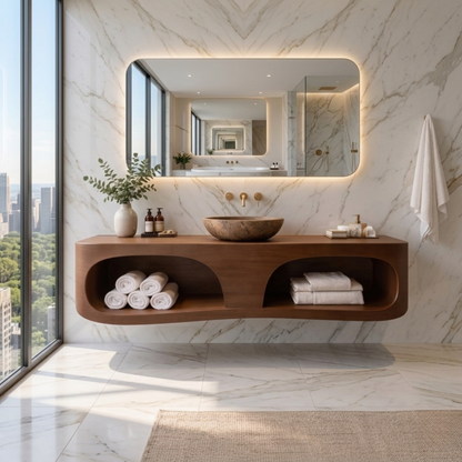 Solid Wood Floating Bathroom Vanity with Open Shelf – Modern Wall Mounted Vanity Kitchnce