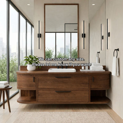 Handcrafted Floating Vanity with Open Shelving - Solid Wood Curved Bathroom Cabinet Kitchnce