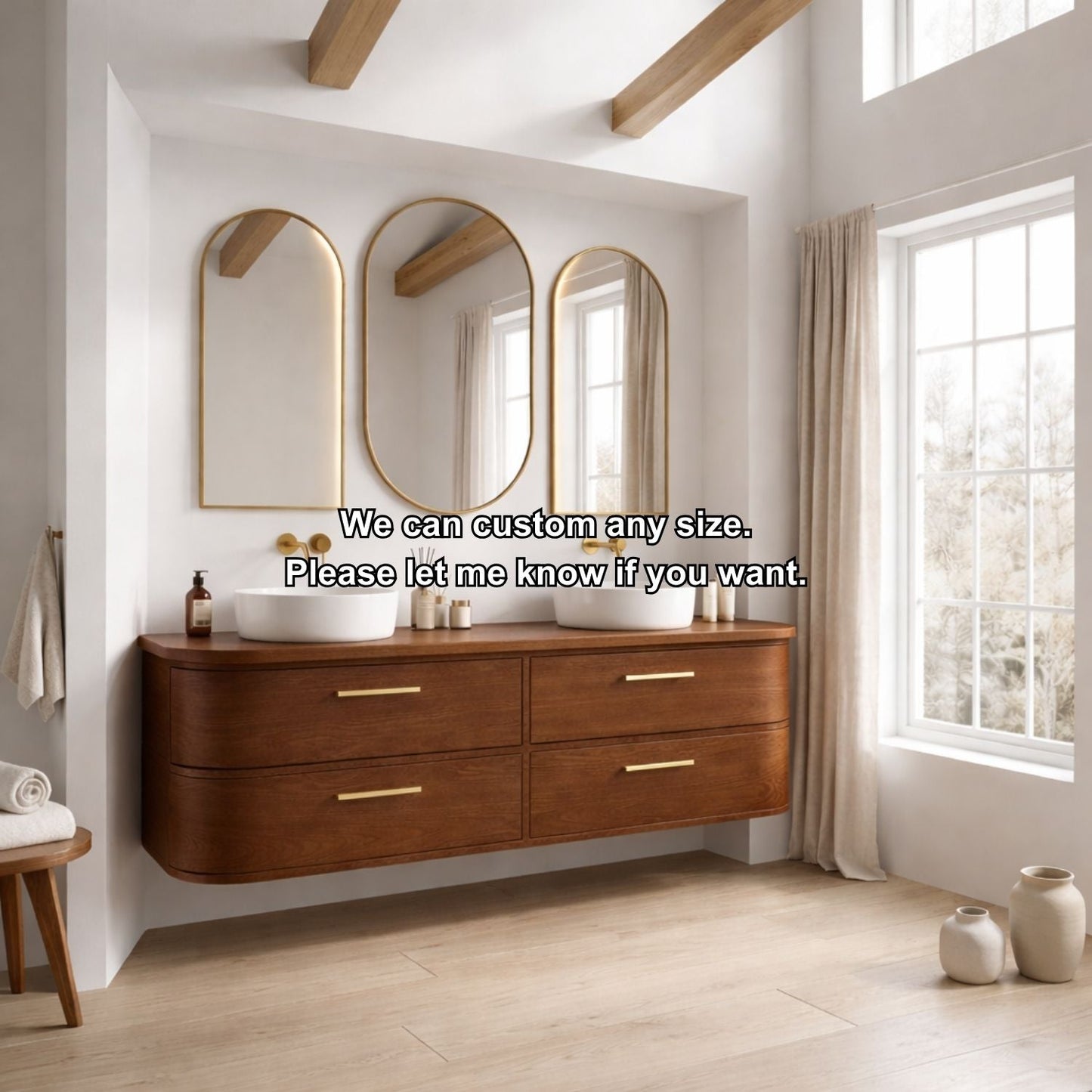 Handcrafted Curved Floating Double Vanity - Solid Wood Luxury Bathroom Cabinet Kitchnce