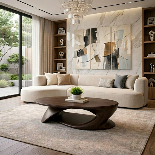 Solid Wood Oval Coffee Table with Sculptural Base – Modern Living Room Center Table Kitchnce