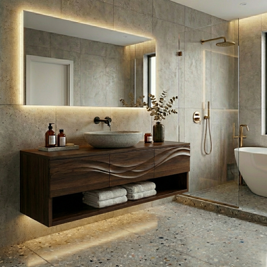 Floating Solid Wood Bathroom Vanity with Wave Design and Open Shelf Storage