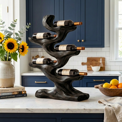 Handcrafted Solid Wood Wine Holder – Sculptural Tree Countertop Wine Rack