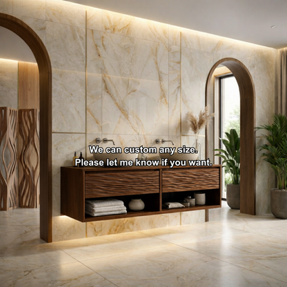 Floating Solid Wood Bathroom Vanity with Wave Front and Open Shelf Storage