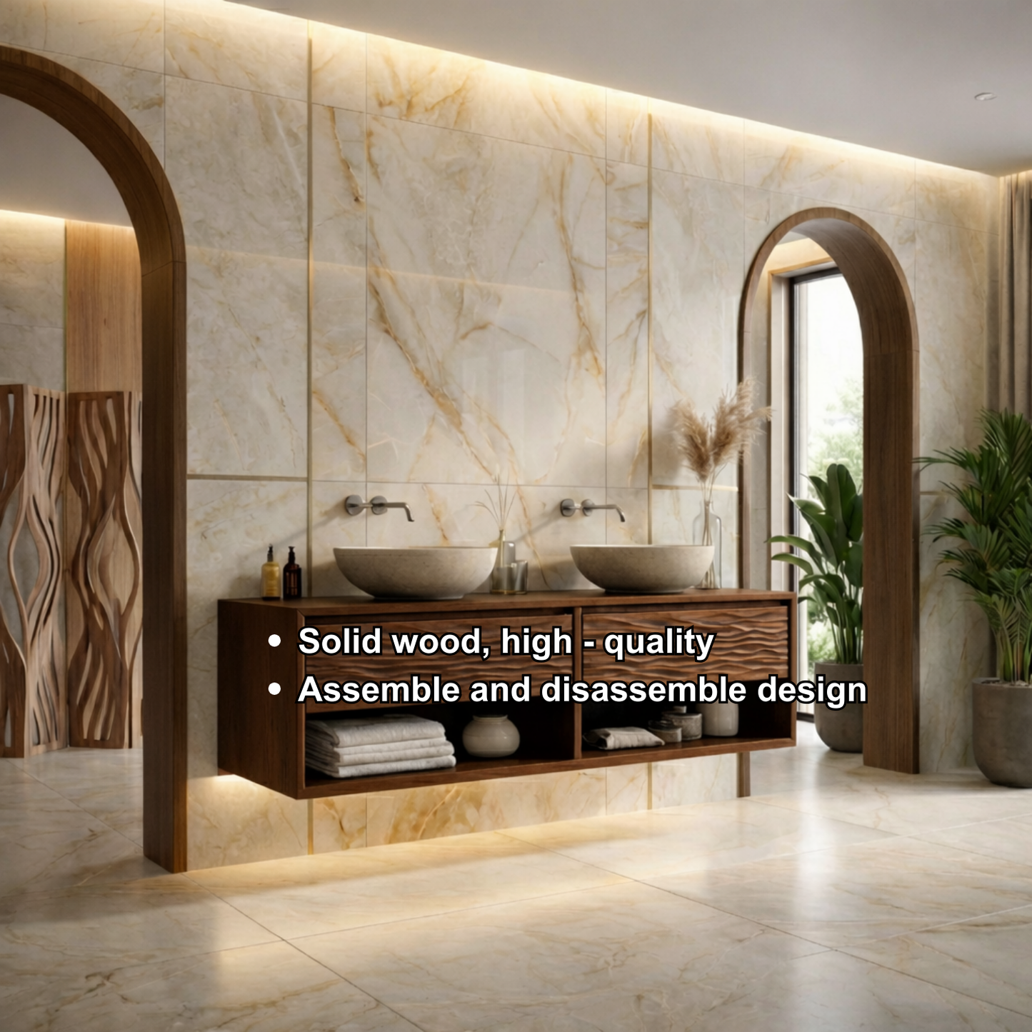 Floating Solid Wood Bathroom Vanity with Wave Front and Open Shelf Storage