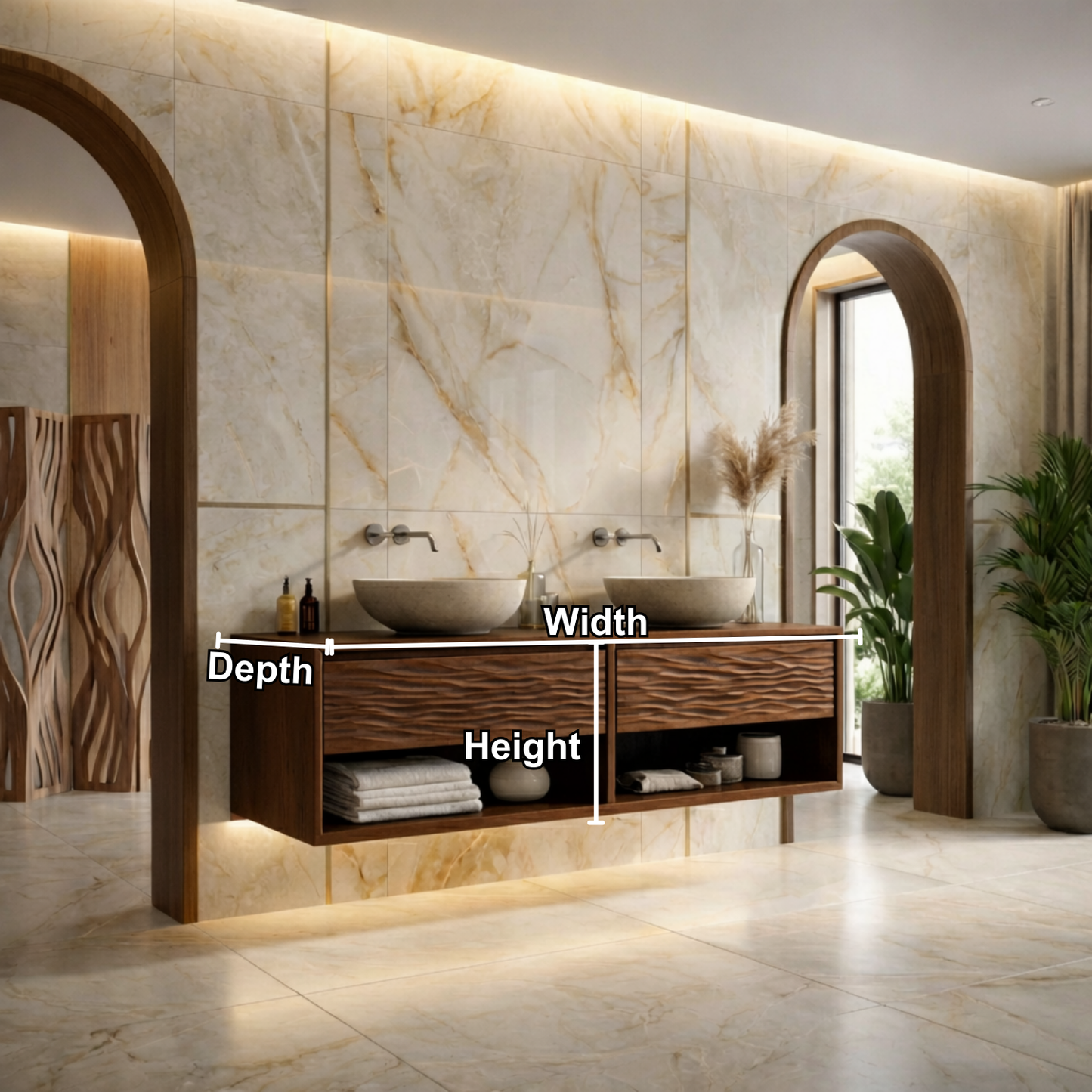 Floating Solid Wood Bathroom Vanity with Wave Front and Open Shelf Storage